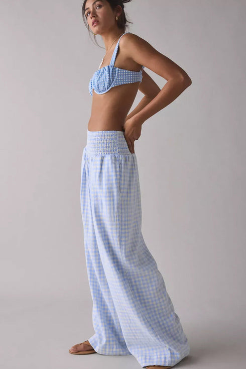 Smocked High Waist Gingham Plaid Pocketed Wide Leg Pants